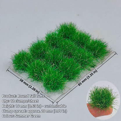 Tall grass tufts, 12 clumps per sheet, 16 mm, summer green, clump spread approx. 20 mm - Wargame Base World