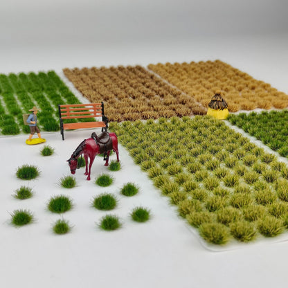 Assorted 5mm static grass tuft sheets in multiple colours, flat lay - Wargame Base World