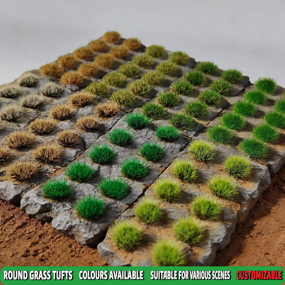 Four mixed grass tuft sheets arranged on stone slabs - Wargame Base World