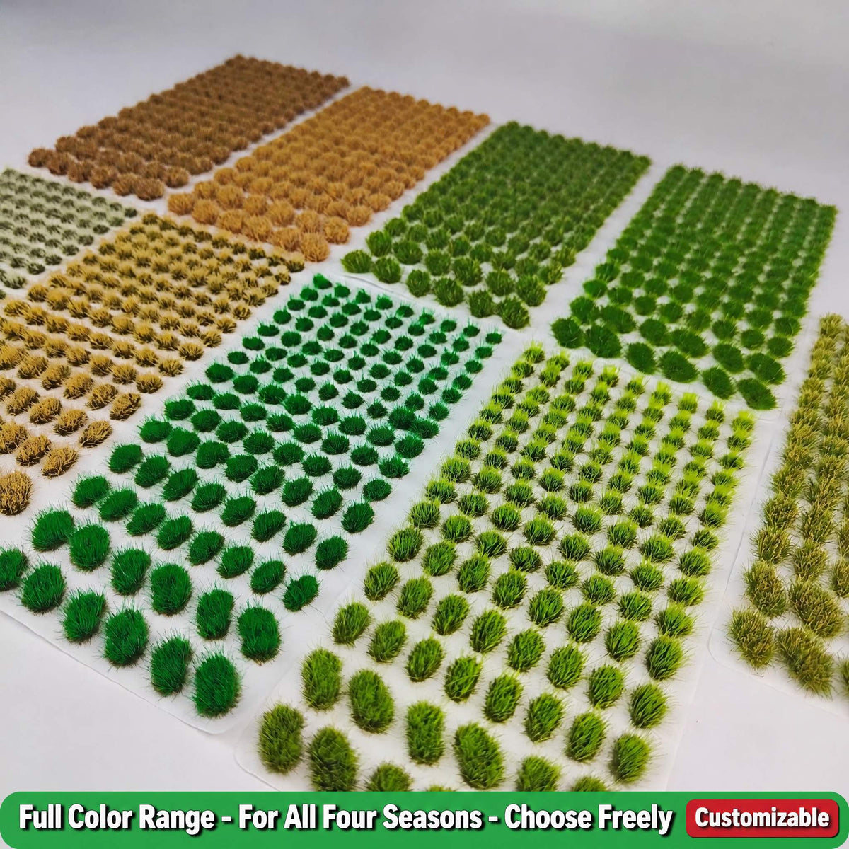 Full colour range of 5mm static grass tufts for all four seasons, customizable - Wargame Base World
