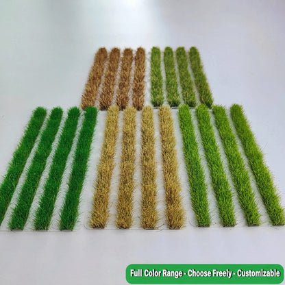 Six colour options of 8mm strip grass tufts side by side - Wargame Base World