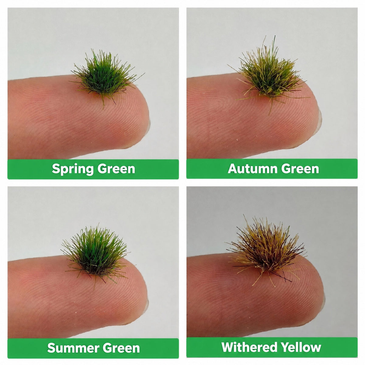 5mm grass tuft colour comparison on fingertip: spring green, autumn green, summer green, withered yellow - Wargame Base World