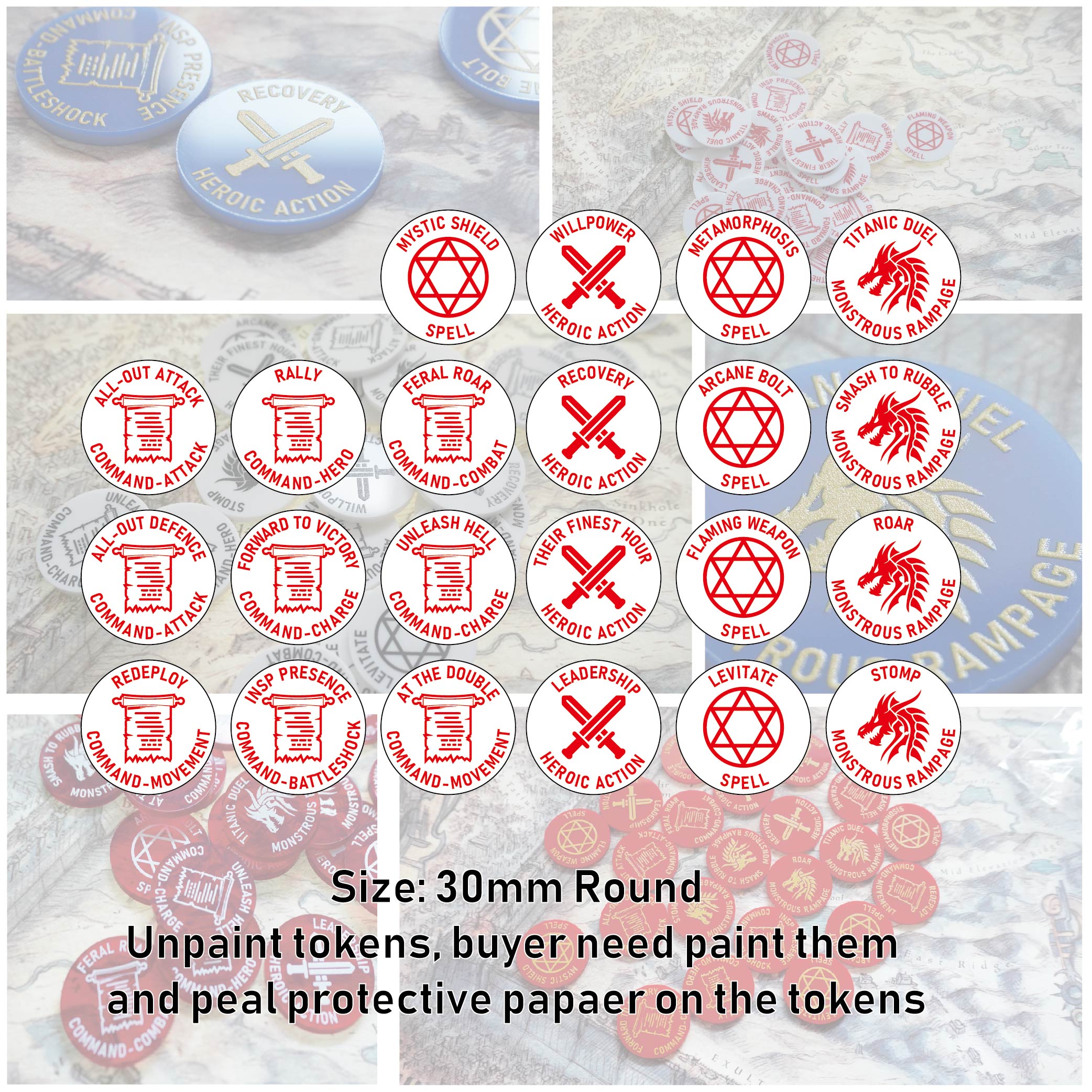 Copy of Tabletop Spells/Psychics/Abilities tokens Set for WH/AOS - AOS Tokens 22pcs  NEED BUYE RPAINT